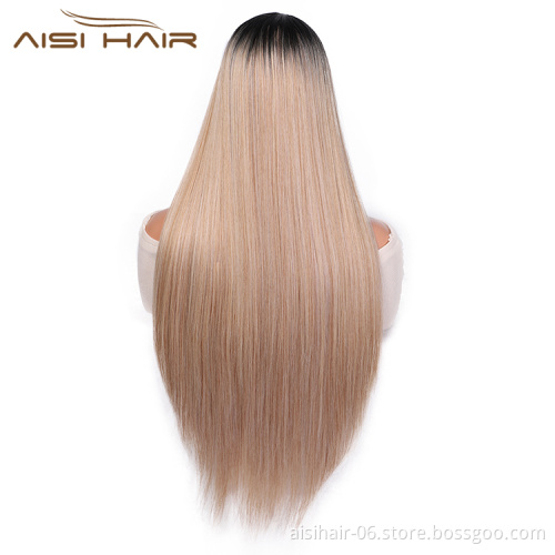 Aisi Hair 26 Inch Long Silky Straight Ombre Blonde Wigs Top Quality Swiss Lace Wig Synthetic Lace Frontal Wigs For Black Women
